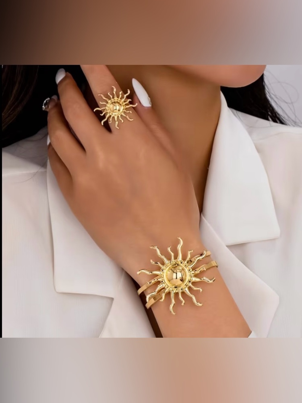 Gold Sunburst Bracelet and Ring Set - Women's Jewelry